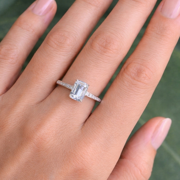 Jewelry - Emerald Cut Moissanite Ring – 925 Sterling Silver Pavé Band – Size 6 – 3ct